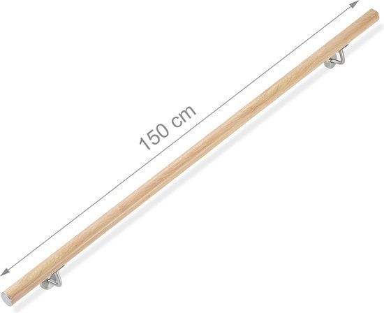 aluminium trapleuning - rond - voor binnen en buiten - beukenhout look - 150 cm - Ø 42 mm - met wandhouder - natuur