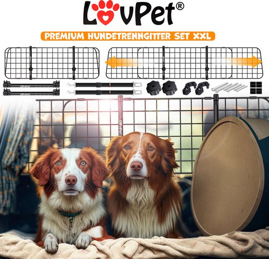 LovPet® Hondenrek Auto, Universele Auto Afscheiding, Verstelbare Breedte, Hoofdsteun Bagagerek Kofferbak Bescherming Afmetingen HxB 30 x 91-153 cm , + 2x Veiligheidsriem voor Honden - Zwart