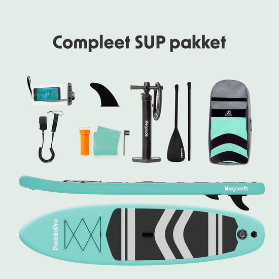 LifeGoods PaddlePro SUP Board - Opblaasbaar Paddle Board - Complete Set - Max. 135KG - 320x81cm - Pastelgroen