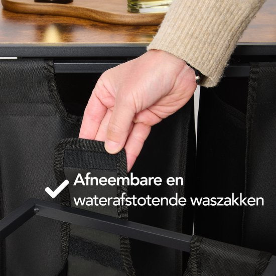 Brixy Wasmand 3 Vakken - Wassorteerder - Uitschuifbaar - Wasbox Metaal - 117L Inhoud - 90 x 33 x 70 cm - Zwart/Bruin