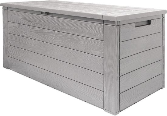 Deuba Kussenbox Woody 120cm grijs hout-look – tuinkussenbox tuinbox