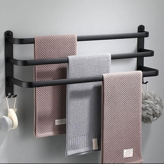 Handdoekrek voor in de badkamer, handdoekhouder voor in de keuken, meerlaags wandhanddoekrek, zwart met haken, aluminium handdoekhouder - 50 cm, zwart, 3 lagen