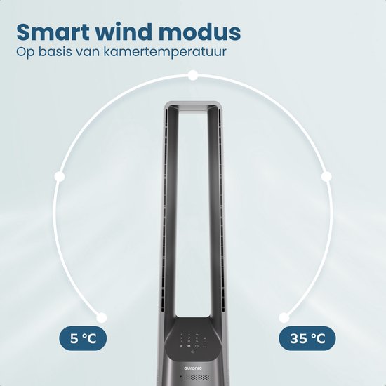 Auronic Torenventilator - Bladeless Model - Luchtkoeler - Vloerventilator - Stille Ventilator Staand - 101 CM - 6 Snelheden - Fan - Met Timer - 39 dB - Lichtgrijs