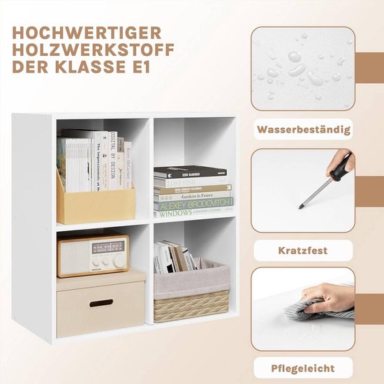 Vakkenkast boekenkast - 70 x 70 x 34 cm - 4 vakken - wit - multifunctioneel