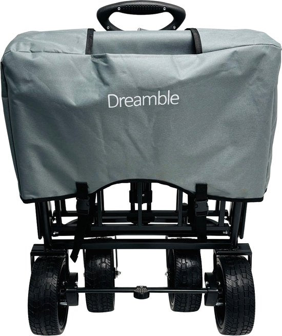 Dreamble® | Bolderkar | Grijs | Tot 140KG | 120L | Trek en duwfunctie | Dikke zachte vloermat 4cm - voor kinderen | Extra grote wielen Ø20cm | Extra opbergruimte | 130x110(LxH) | 2 pockets buiten,1 pocket binnenin met rits | Voetrem | Beschermhoes