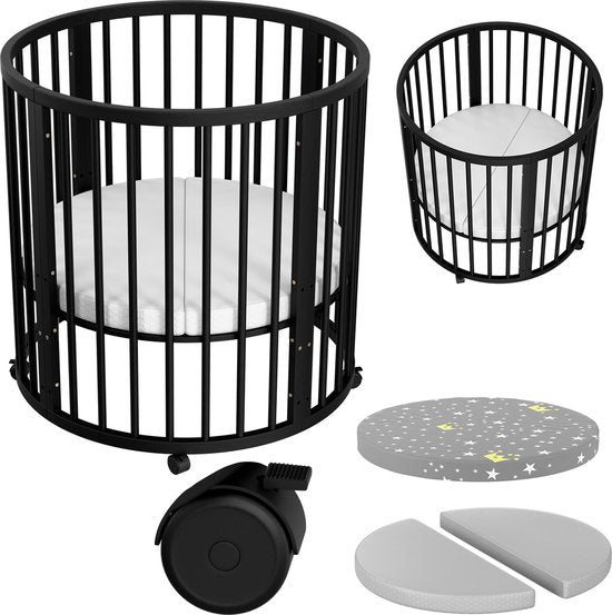 Flowsense Baby Box – Ronde Speelbox - Grondbox - Kinderbox - Playpen – Met Matras – Verstelbare Hoogtes – Wielen - Zwart