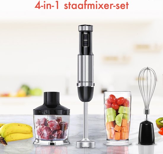 KitchenBrothers Staafmixer Set - Hakmolen - Garde - Maatbeker - 4-in-1 Mixer - 6 Snelheden + Turbo - RVS