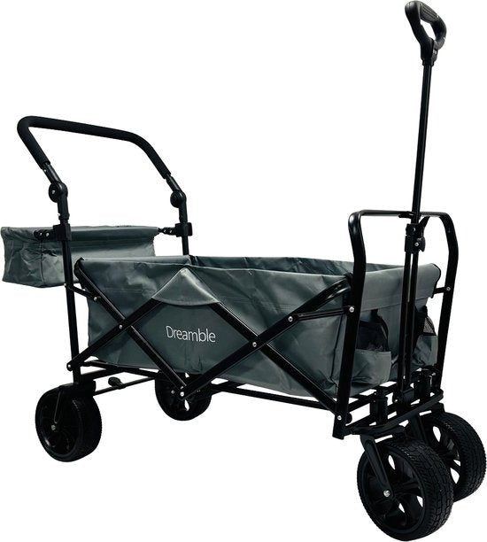 Dreamble® | Bolderkar | Grijs | Tot 140KG | 120L | Trek en duwfunctie | Dikke zachte vloermat 4cm - voor kinderen | Extra grote wielen Ø20cm | Extra opbergruimte | 130x110(LxH) | 2 pockets buiten,1 pocket binnenin met rits | Voetrem | Beschermhoes