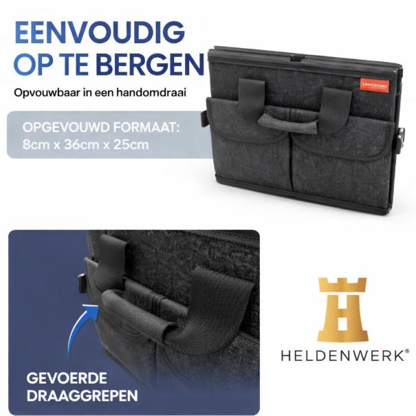 HELDENWERK Premium kofferbak organizer met deksel, stevig & antislip - Opvouwbare kofferbaktas, groot met dubbele bodem - Kofferbakbox, kofferbak organizer box