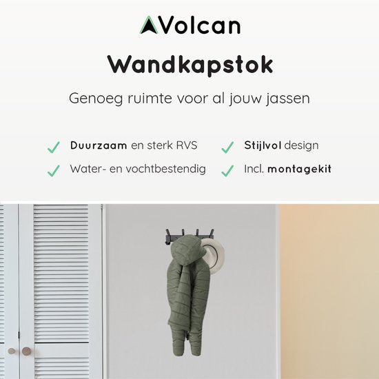 Volcan - Wandkapstok 8 Haaks - RVS - Inclusief Montagekit - 27 x 8 cm -Zwart