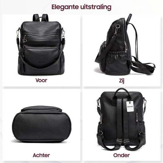 Glennoo rugzak - Rugtas dames - Waterdicht - Klein - Anti-diefstal Vakje - Rug-, Schouder-, Handtas in één - zacht PU-leer - Zwart