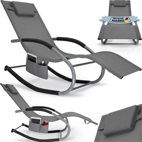 tectake® Ligstoel Taya - Ergonomisch Ligbed voor Tuin, Terras, Balkon - Relaxstoel met Schommelfunctie - Tuinstoel met Comfortabele Armleuningen, Hoofdsteun en Opbergvak - Weerbestendig en Waterafstotend - 120kg Draagkracht - Grijs