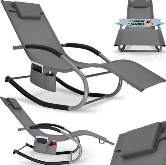 tectake® Ligstoel Taya - Ergonomisch Ligbed voor Tuin, Terras, Balkon - Relaxstoel met Schommelfunctie - Tuinstoel met Comfortabele Armleuningen, Hoofdsteun en Opbergvak - Weerbestendig en Waterafstotend - 120kg Draagkracht - Grijs