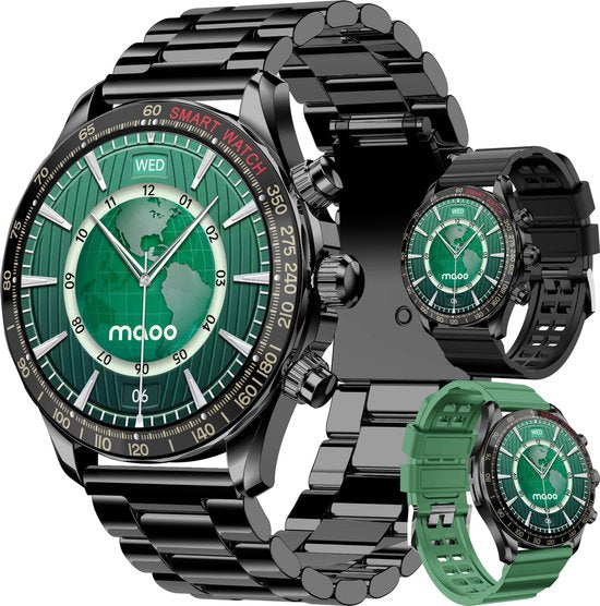 Maoo Titan AMOLED Smartwatch Heren – 45 mm – Stainless Steel & 2 TPU Bandjes – Multisport – Hartslagmeter, Slaapmonitor & Stappenteller – iOS/Android – Zwart