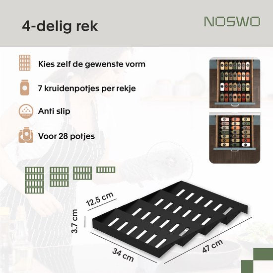 Noswo Kruidenrek Lade - 4 Laags - Voor 24 Kruidenpotjes - RVS - Kruiden Organizer - Keukenlade Organiser