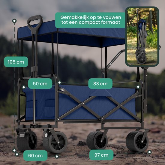 Avalo Bolderkar Met Dak XL Opvouwbaar - Tot 110KG Draagvermogen - 120L - 97x60x105 CM - 360º Wielen - Bolderwagen / Bolderkarren / Strandkar / Trekkar / Plooibare Bolderkar - Voor Strand - Blauw