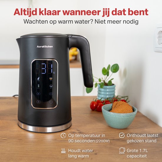 AoraKitchen Waterkoker - LED Touchscreen - Instelbare Temperatuurregeling - Waterkokers - 1.7L - Elektrisch - Cool Touch - Zwart