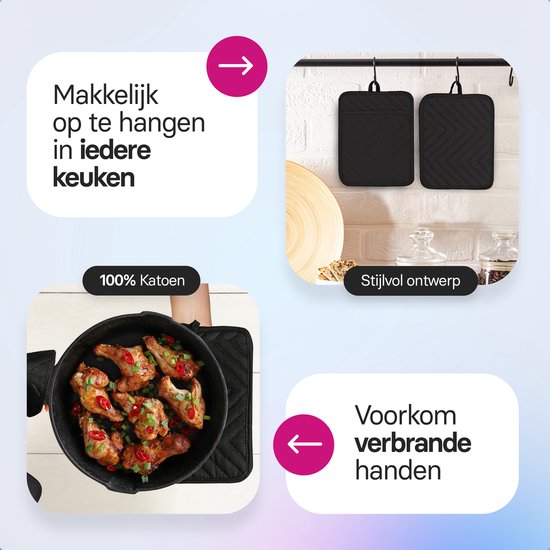 Roegaarden Pannenlappen - Hittebestendige Pannenlappen - 100% Katoen - Met insteekvakken - Zwart