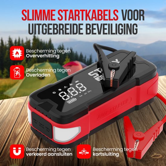 Strex - 12V Jumpstarter & Starthulp Met Compressor - 4000A - 24.000 mAh - 5-in-1 Functie Met Led-zaklamp & SOS - Inclusief Hardcover Tas - Kunststof - Zwart & Rood