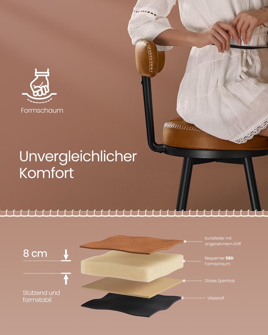 Barkruk – Set van 2 – Draaibare rugleuning – 65cm hoog- Karamelbruin