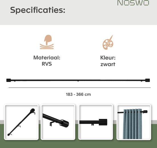 Noswo Gordijnroede - Uitschuifbaar - 183 tot 366 cm - Gordijnstang - Gordijnrails Compleet - Metaal - 300cm - Zwart