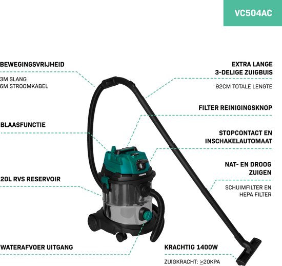 VONROC Nat- en droogzuiger / Stofzuiger - 1400W – Inschakelautomaat - Blaasfunctie – 20L RVS tank – 3m slang - 6m stroomkabel