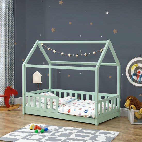 Juskys – Marli Kinderbed & Huisbed – 80 x 160 cm – Voorzien Van Uitvalbeveiliging En Lattenbodem – Voor Jongens En Meisjes – Mint Grenenhout