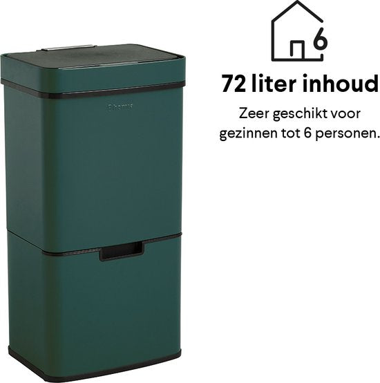 Homra NEXO Prullenbak Afvalscheiding 3 vakken - 72 Liter (2x12 + 48 L) met infrarood Sensor - Design Trio Afvalemmer RVS - Groen - Afvalscheidingsprullenbak - Keuken Afvalemmer - Petrol Groene Recycle Afvalbak - Hygiënisch - Kantoor - Elektrisch