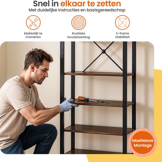 Goliving Boekenkast - 66 x 30 x 186 cm - 6 Lagen - Opbergkast - Wandkast - Boekenrek - Vitrinekast - Stellingkast - Woonkamer Kast - Industrieel - Bruin/Zwart