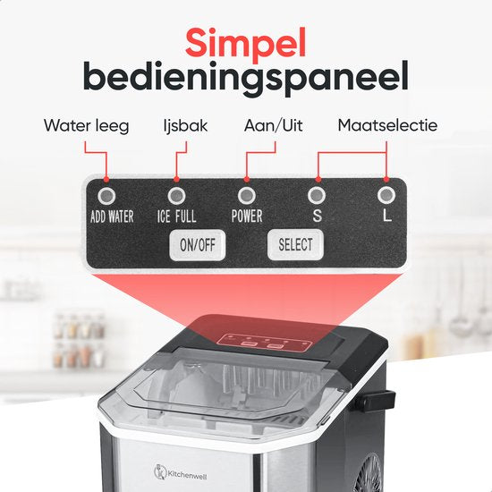 Kitchenwell IJsblokjesmachine - 1.3L - IJsblokjesmaker - IJsschep – 12kg/24 uur - Draagbaar - Zelfreinigingsfunctie - RVS