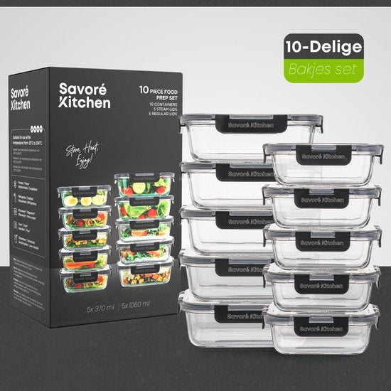 Savoré Kitchen Vershoudbakjes Set - met Stoom Deksel - Meal Prep Bakjes - Diepvriesbakjes Glas - Luchtdicht - 10 Stuks - 1040 & 380 ML