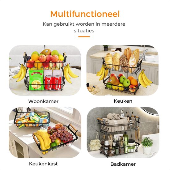 Posity Fruitschaal 2 Laags - Fruitmand - Fruit Etagere - Groentemand - Draadmand - Met bananenhouder - Hout & Metaal - Zwart