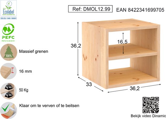 Astigarraga Vakkenkast open - met plank - PEFC grenen - 36x36cm