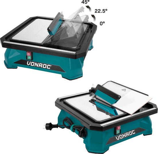 VONROC Tegelzaag 650W –Waterkoeling – Incl. 180mm diamant zaagblad, parallelgeleider en verstekgeleider