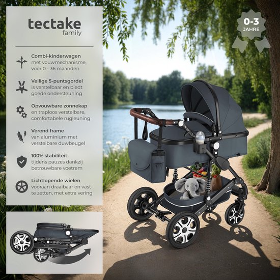 tectake® - Multifunctionele Kinderwagen Mats - 2-in-1 Babywagen inclusief voetenzak, regenhoes, flessenhouder en opbergmand - Wandelwagen met 15kg draagkracht - Opvouwbaar met 5-puntsgordel - Antraciet
