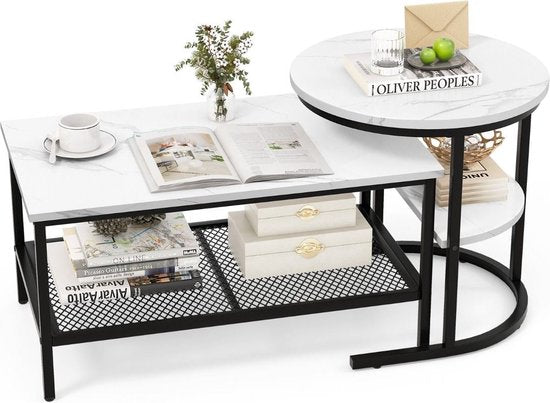 Coast Bijzettafel - Set van 2 - Marmerprint - Wit/ Zwart