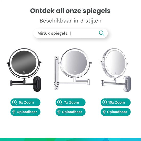 Mirlux Make Up Spiegel met Led Verlichting - Oplaadbaar - 7X Vergroting - Vergrootspiegel met Licht - Scheerspiegel - Badkamerspiegel - Chroom