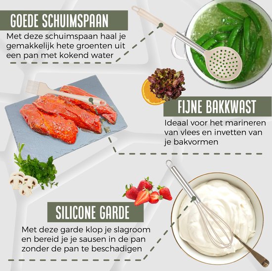 COOCK Siliconen Keukengerei Set met Houder XL - Kookgerei Set 26 delig - BPA-Vrij & Plastic Vrij - Ophangbaar - Incl. Opener - Beige