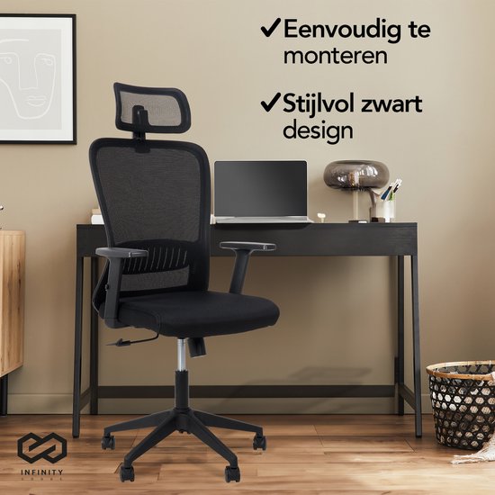 Infinity Goods Ergonomische Bureaustoel - Bureaustoelen Voor Volwassenen - Volledig Verstelbaar - Office Kantoor Chair - Zwart