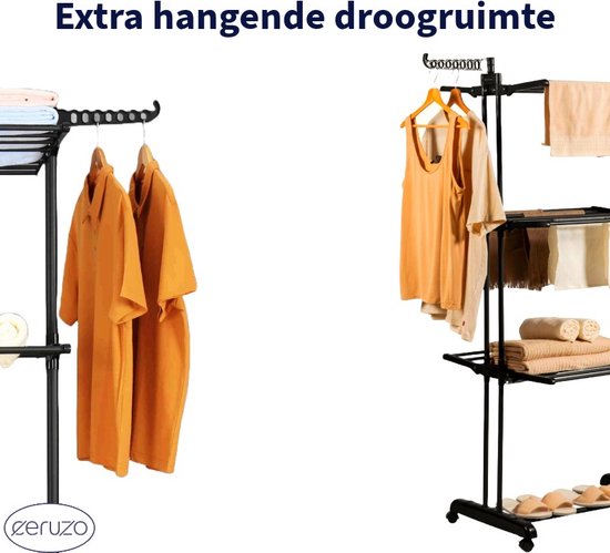 Wasrek Inklapbaar - 75x64x178 cm - Wastoren - Droogtoren met Wieltjes - Zwart