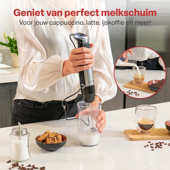 AoraKitchen Staafmixer Set - 6 Delig - 1000W - Turbo - Melkopschuimer - Hakmolen - Maatbeker - Garde