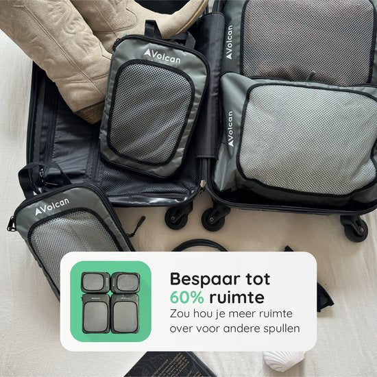 Volcan Compression Packing Cubes - Koffer Organizer Set - Set van 4 - Met Compressierits - Voor Backpack & Koffer - Botanisch Groen