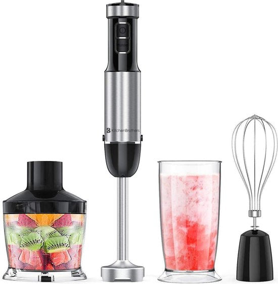 KitchenBrothers Staafmixer Set - Hakmolen - Garde - Maatbeker - 4-in-1 Mixer - 6 Snelheden + Turbo - RVS