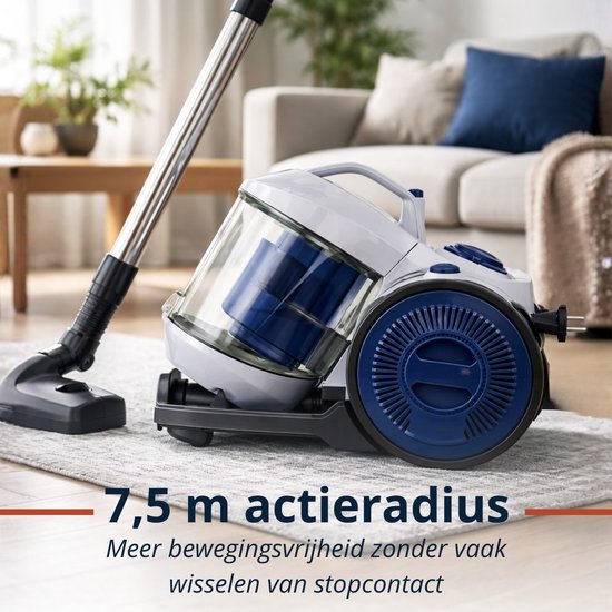 Dirt Devil Stofzuiger zonder Zak DD2503 - Stofzuiger 800W HEPA 12 Filter - Cycloonstofzuiger met Combiborstel, Kierenmondstuk en Meubelopzetstuk - Stofopvangbak 2,2 L - Wit/Blauw