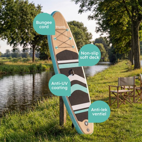 LifeGoods PaddlePro SUP Board - Opblaasbaar Paddle Board - Complete Set - Max. 150KG - 320x81cm - Hout/Mintgroen