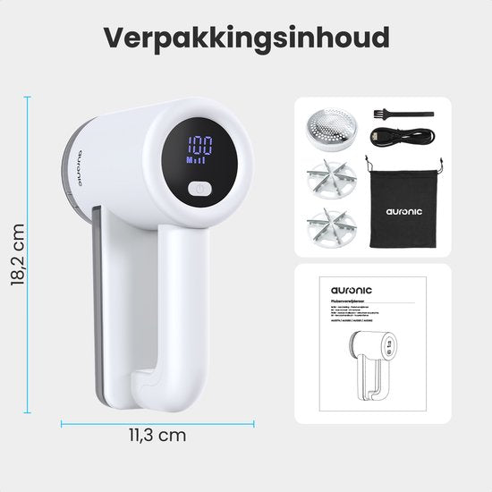 Auronic Elektrische Pluizenverwijderaar Pro - Pluizentondeuse - Accuduur 120 minuten - Oplaadbaar - LED display - Ontpluizer - Wit