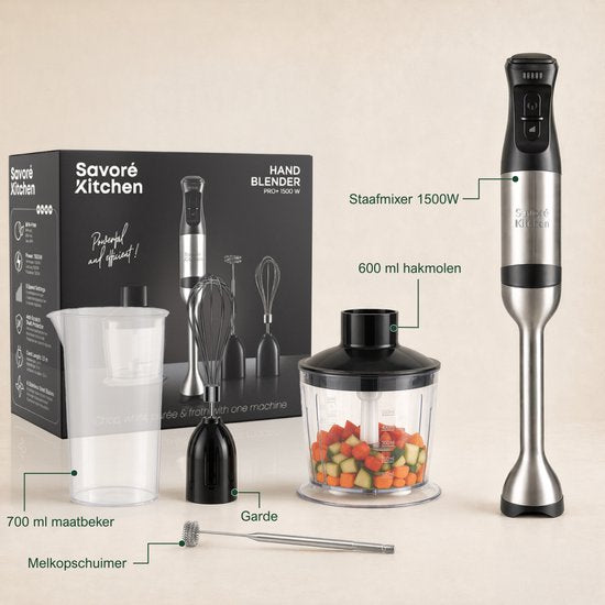 Savoré Kitchen Staafmixer Pro+ 1500W – Mixer Set met Hakmolen 600ml, Garde, Melkopschuimer en Maatbeker – 5 Snelheden – 6 Messen – RVS