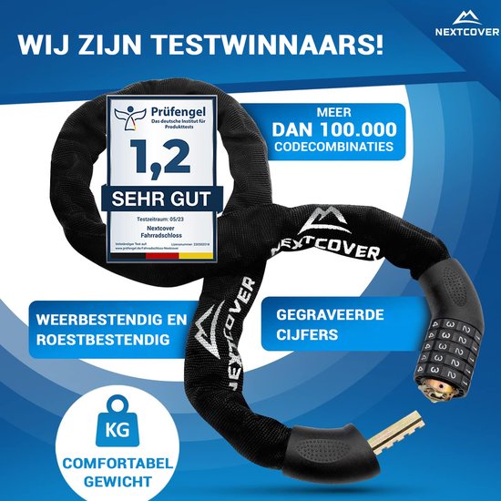 NEXTCOVER® Cijferslot Fietsslot - Het origineel - [SAFESECURE] Hoge veiligheid - Fietssloten met 5-cijferige cijfercode, cijferslot fiets staal - Fietsslot perfect voor e-bike - Kettingslot Zwart