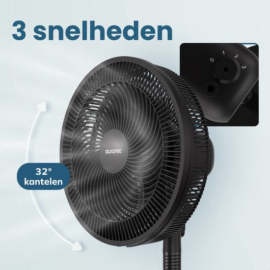 Auronic Statiefventilator - Staande Ventilator - Hoogte Verstelbaar - Roterend - Fluisterstil - 3 Snelheden - Stille Ventilator - Zwart
