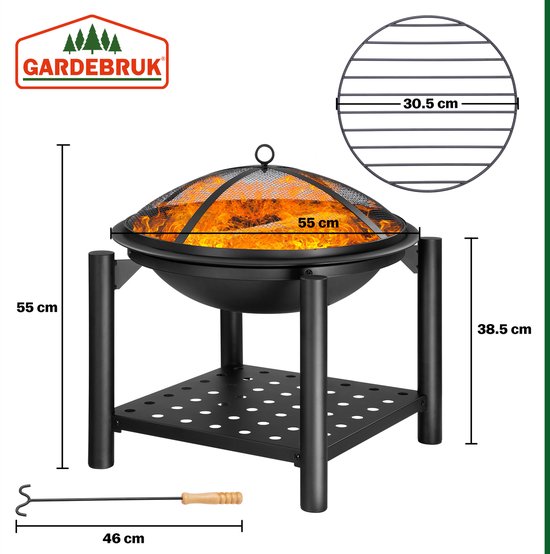 Gardebruk Vuurschaal - Ø55cm Pook Vonkrooster Deksel – Zwart